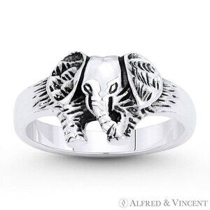 Elephant Animal Totem Charm Right-Hand Ring in .925 Sterling Silver - Size 7